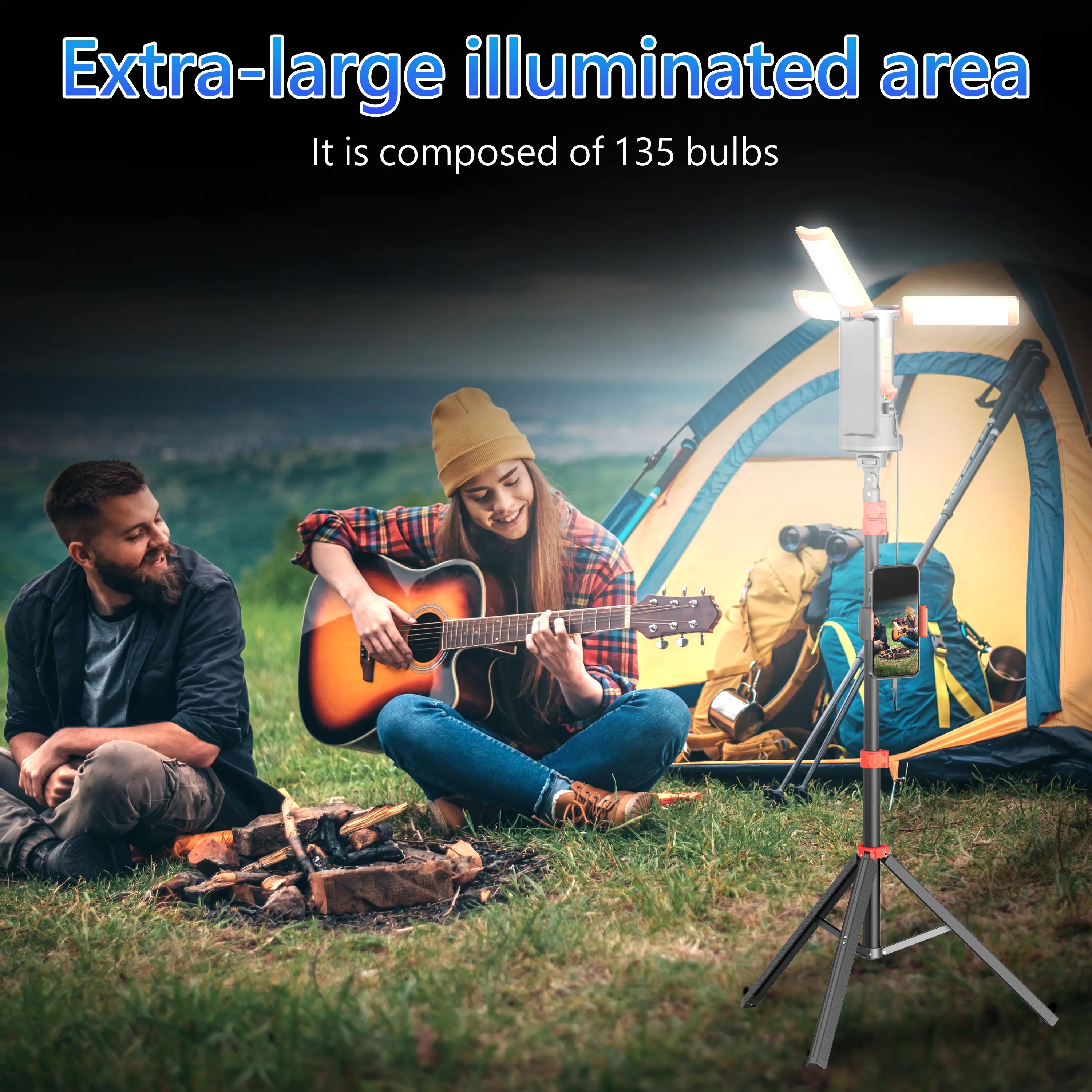 Rechargeable Portable 3-Head LED Work Light Camping Flashlight with 67-Inch Adjustable Tripod