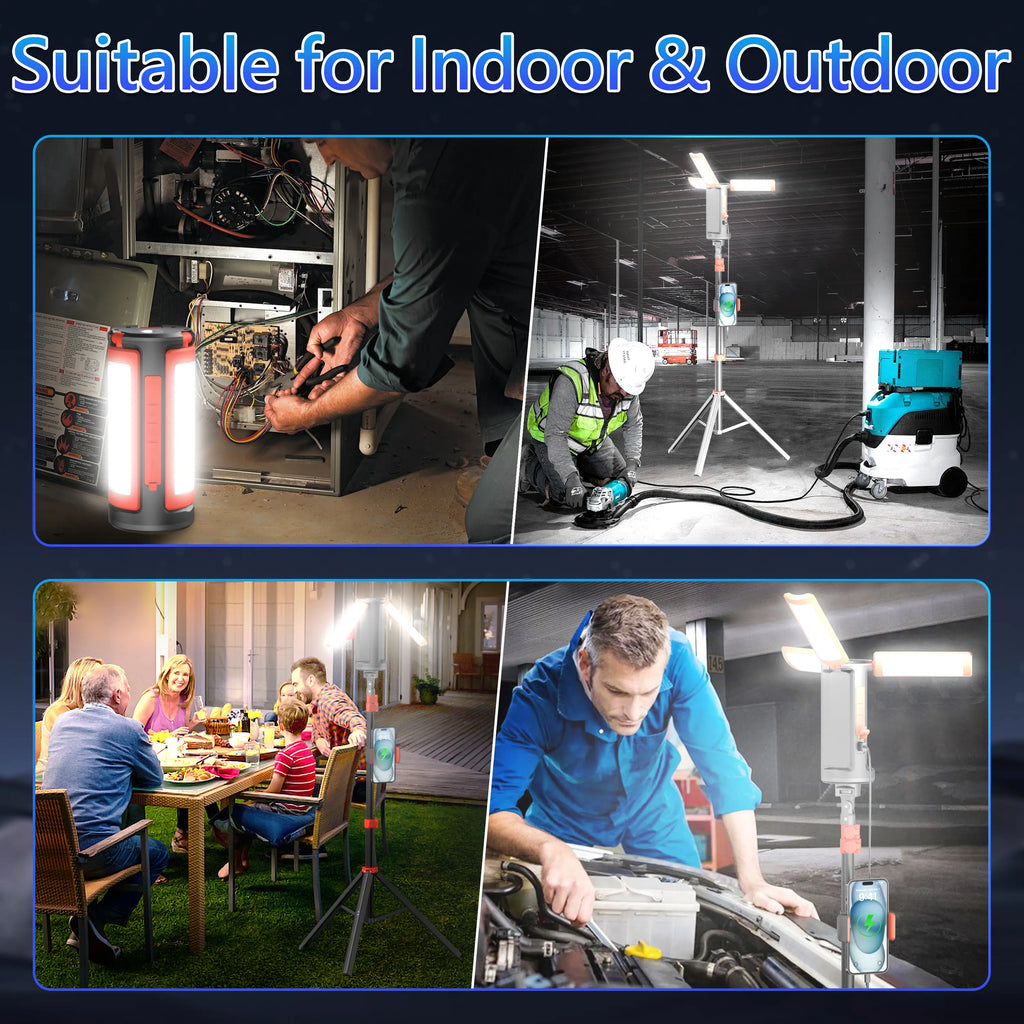 Rechargeable Portable 3-Head LED Work Light Camping Flashlight with 67-Inch Adjustable Tripod