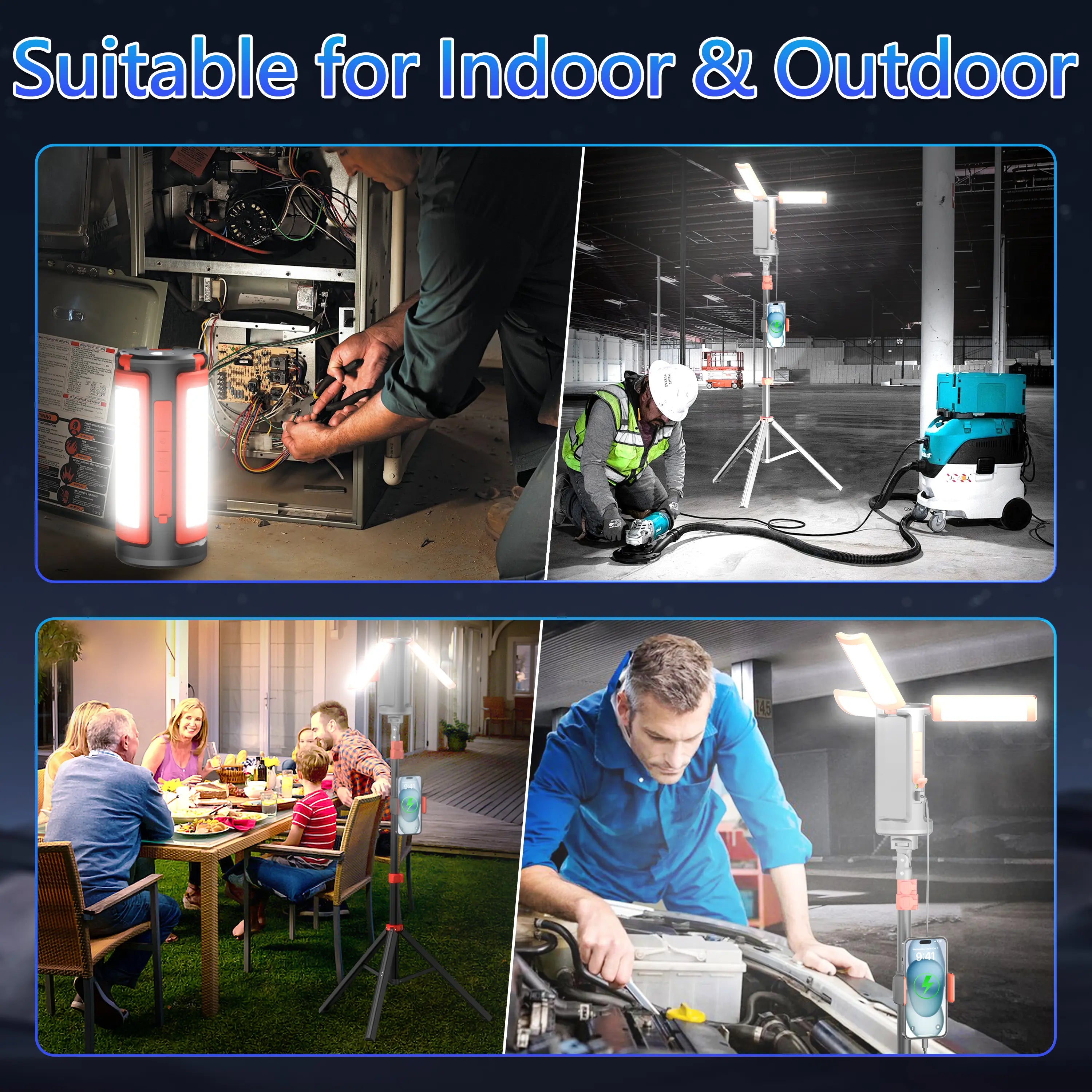 Rechargeable Portable 3-Head LED Work Light Camping Flashlight with 67-Inch Adjustable Tripod