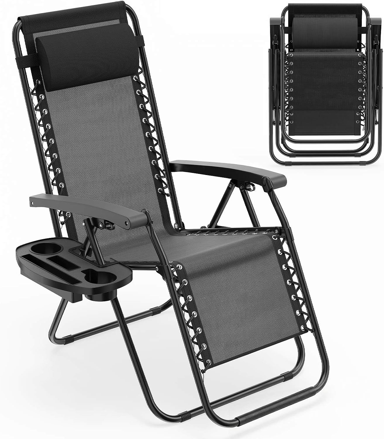 Two-piece zero-gravity camping outdoor folding lounge chair with cup holder tray