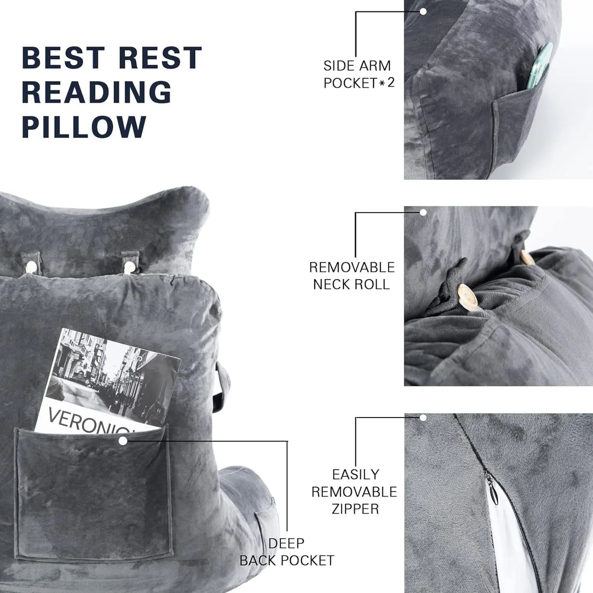 Extra-large reading pillow with removable neck cushion, suitable for sitting on bed or sofa