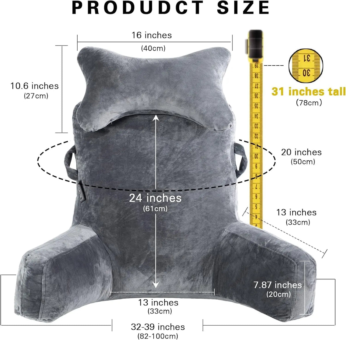 Extra-large reading pillow with removable neck cushion, suitable for sitting on bed or sofa