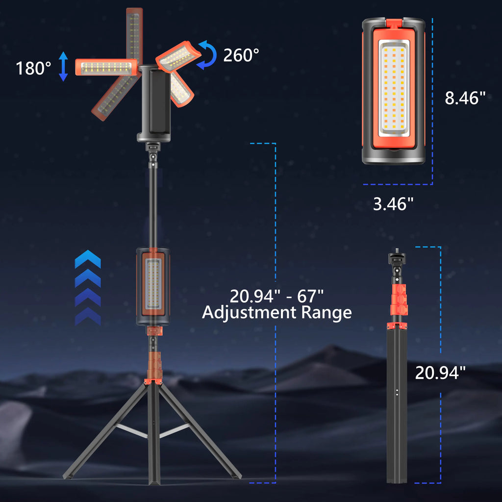Rechargeable Portable 3-Head LED Work Light Camping Flashlight with 67-Inch Adjustable Tripod