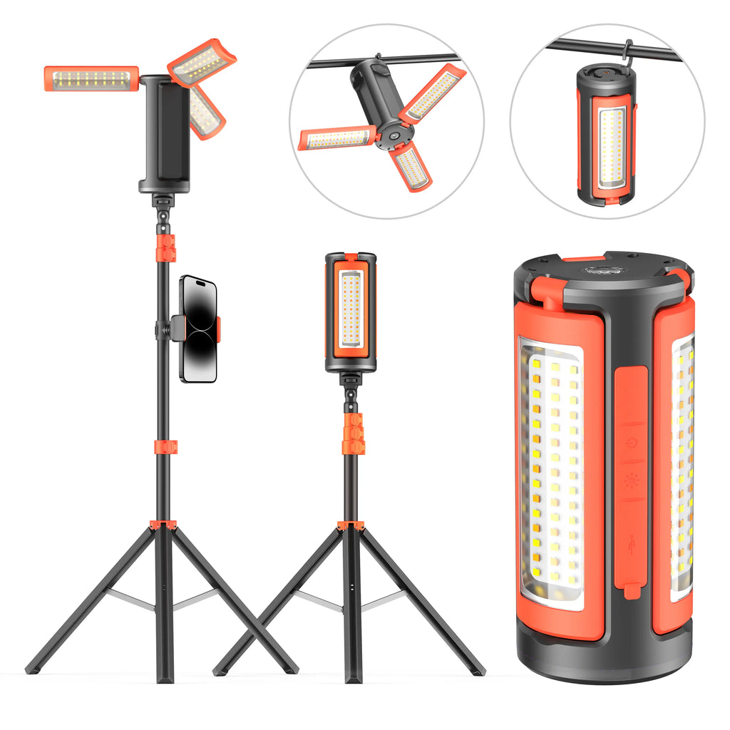 Rechargeable Portable 3-Head LED Work Light Camping Flashlight with 67-Inch Adjustable Tripod